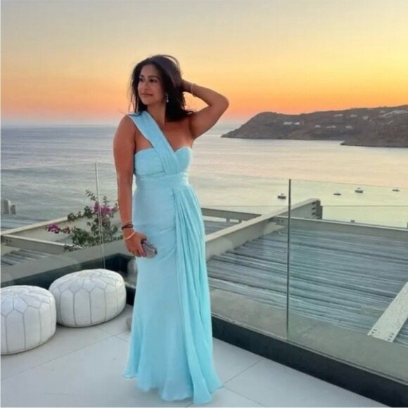 Badgley Mischka One-Shoulder Draped Shimmer Pleated Chiffon Evening Gown Size 12 - Picture 2 of 12